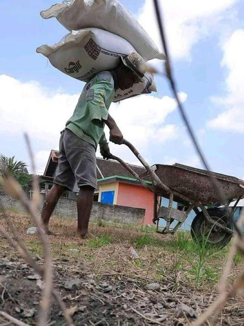 Potret Tukang Bawa Bahan Bangunan Ini Banyak Gaya