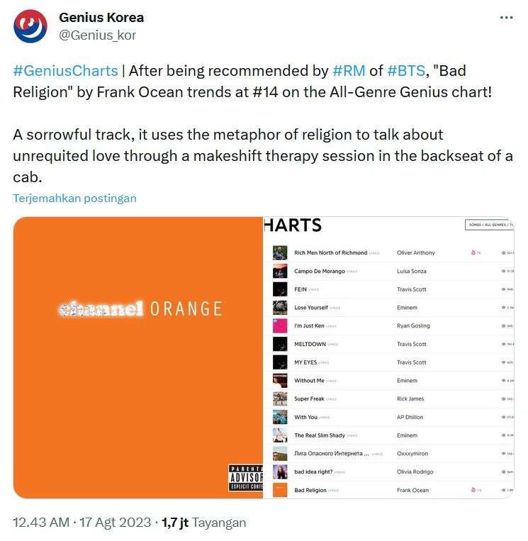 Kronologi RM BTS Disorot Sebab Lagu Bad Religion Frank Ocean