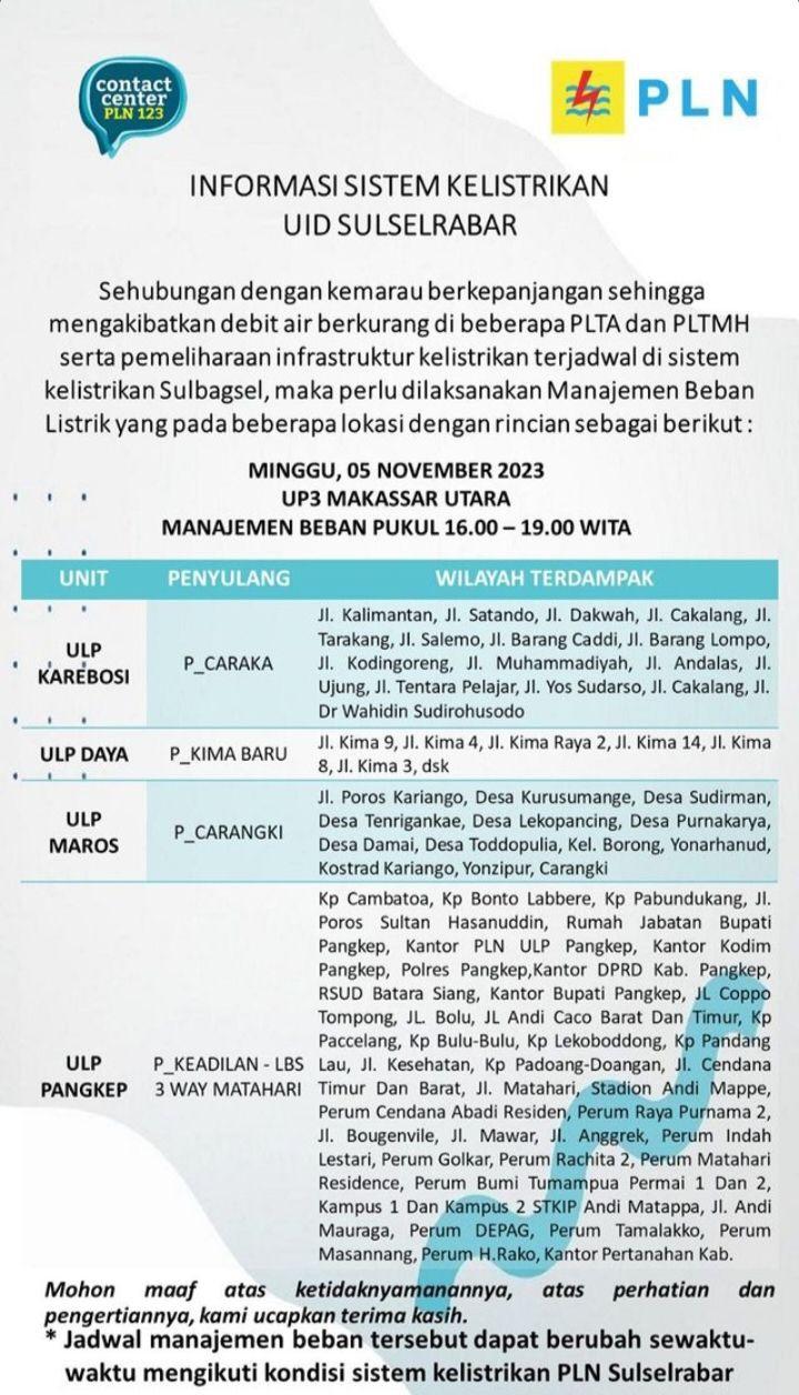 Cek Jadwal Pemadaman Listrik Makassar Hari Ini 5 November