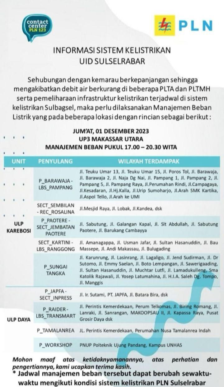 Jadwal Pemadaman Listrik PLN Di Makassar Jumat 1 Desember