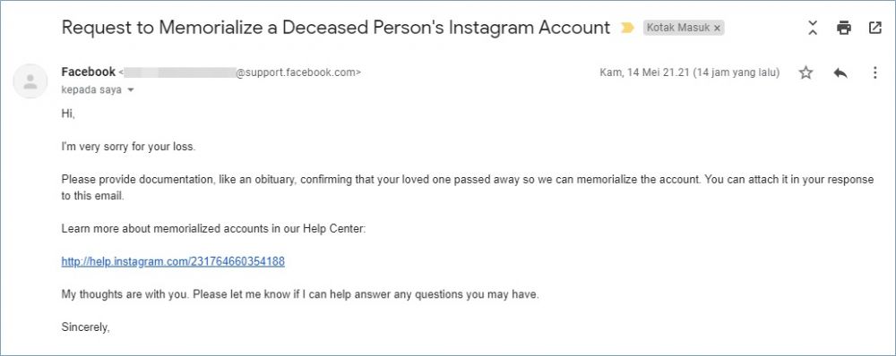 Instagram akan meminta untuk kembali mengirim bukti kematian jika masih kurang lengkap