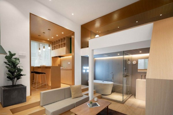 Ide Interior Apartemen Loft Mungil dengan Panel Kayu yang Super Cozy