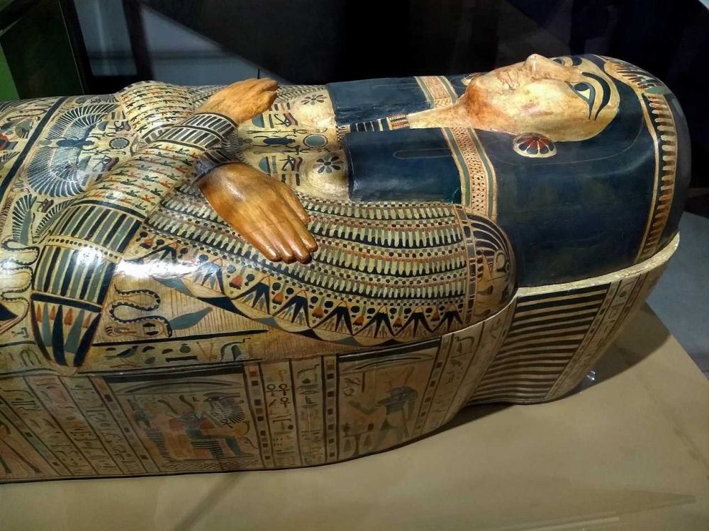  An ancient Egyptian sarcophagus painted with Marge Simpson from The Simpsons cartoon series.