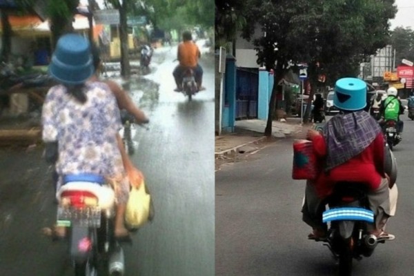 10 Benda Nyeleneh Pengganti Helm ala Emak-Emak, Bikin Ngakak!