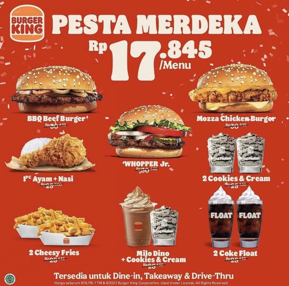 17 Promo Makanan spesial 17 Agustus, Burger King Mulai Rp17 Ribu