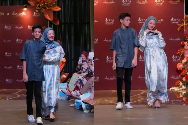 10 Potret Hesti Purwadinata Jadi Model Show Hijab Bareng Putranya