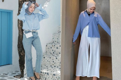 9 Ide Padu Padan Outfit Kemeja Biru Muda ala Selebgram Hijab
