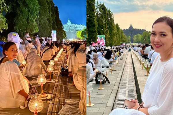 7 Potret Ira Wibowo Memeriahkan Waisak di Candi Borobudur
