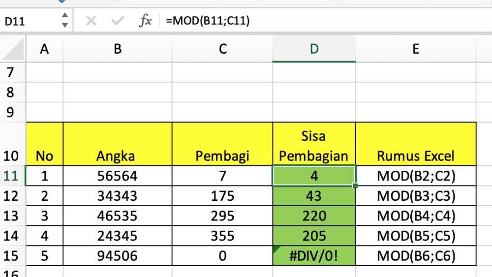 Cara Menghitung Sisa Pembagian Dengan Fungsi Mod Excel 7101