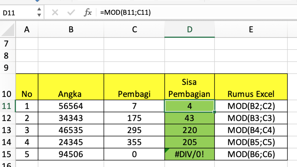 Cara menggunakan fungsi MOD di Excel untuk mencari sisa bagi