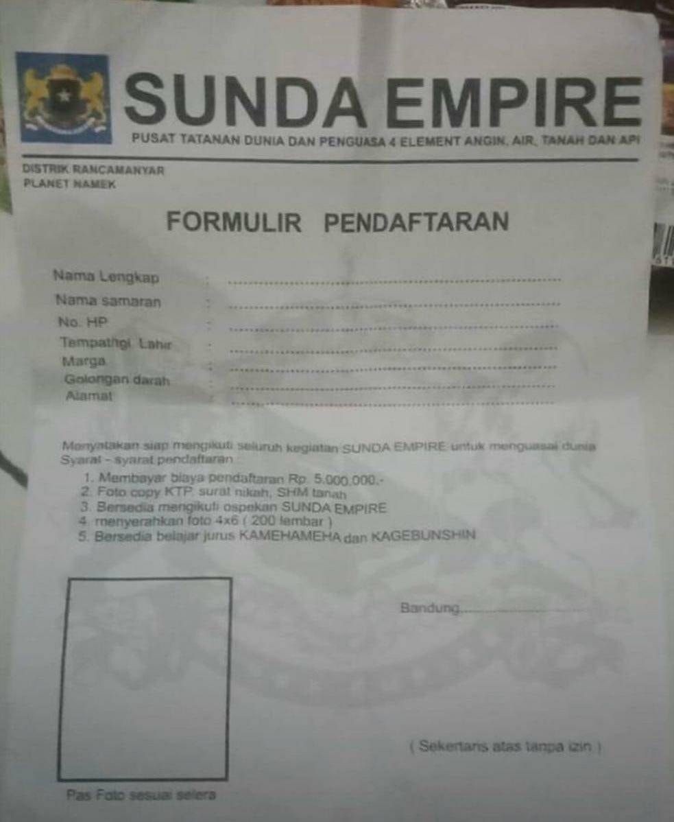 Parodi? Formulir Pendaftaran Sunda Empire Viral Ajarkan Kagebunshin!