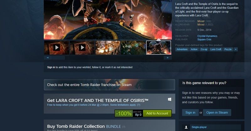 Buruan! Tomb Raider Gratis di Steam Dalam Waktu Terbatas!