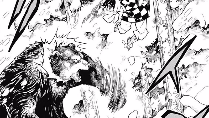 Momen Tanjuro melawan beruang. (Dok. Shueisha/Demon Slayer: Kimetsu no Yaiba)