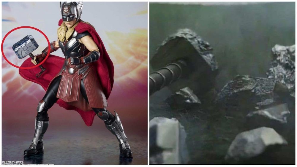 S.H.F. Mighty Thor (kiri) dan Mjolnir yang hancur di Thor: Ragnarok (kanan). (Dok. Tamashii Nation, dok. Marvel Studio/Thor: Ragnarok)
