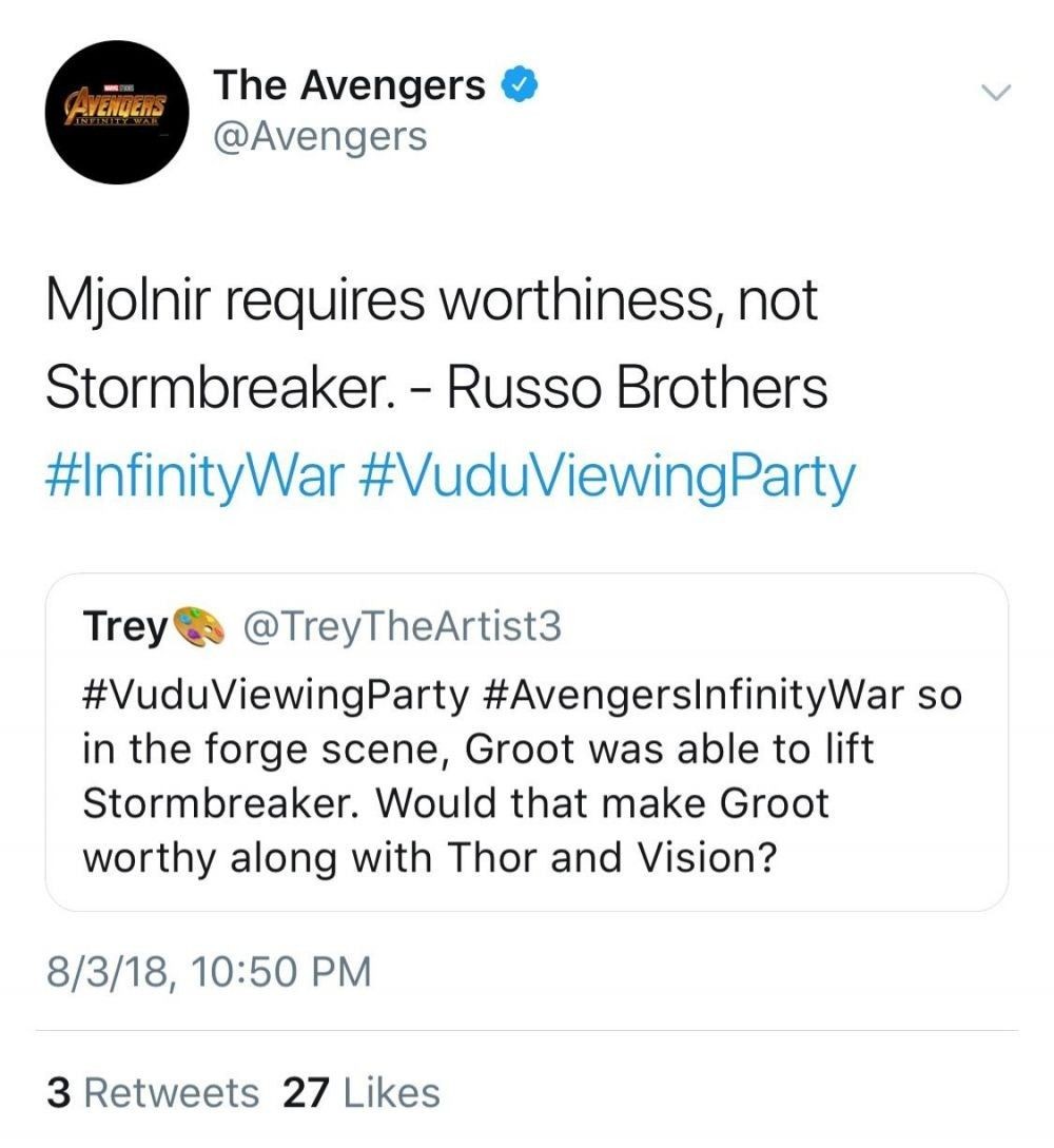 Jawaban soal pertanyaan apakah Groot Worthy. (twitter.com/avengers)