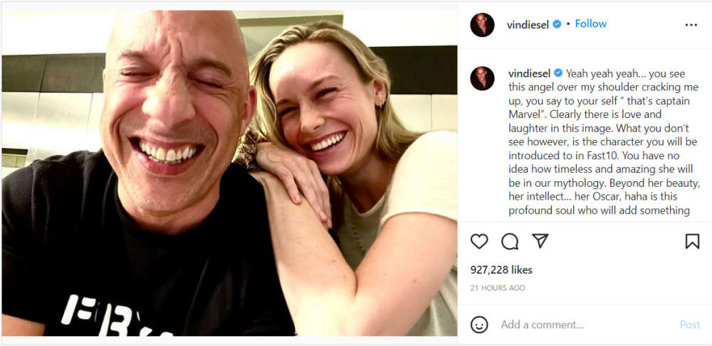 Foto Vin Diesel di Instagram, mengumumkan bergabungnya Brie Larson. (instagram.com/vindiesel)