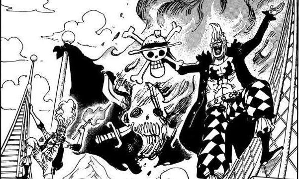 Bartolomeo membakar bendera kelompok Rambut Merah. (Dok. Shueisha/One Piece)