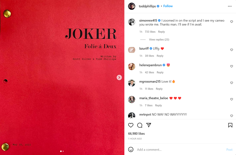 Foto sampul naskah Joker Folie a Deux. (instagram.com/toddphillips)