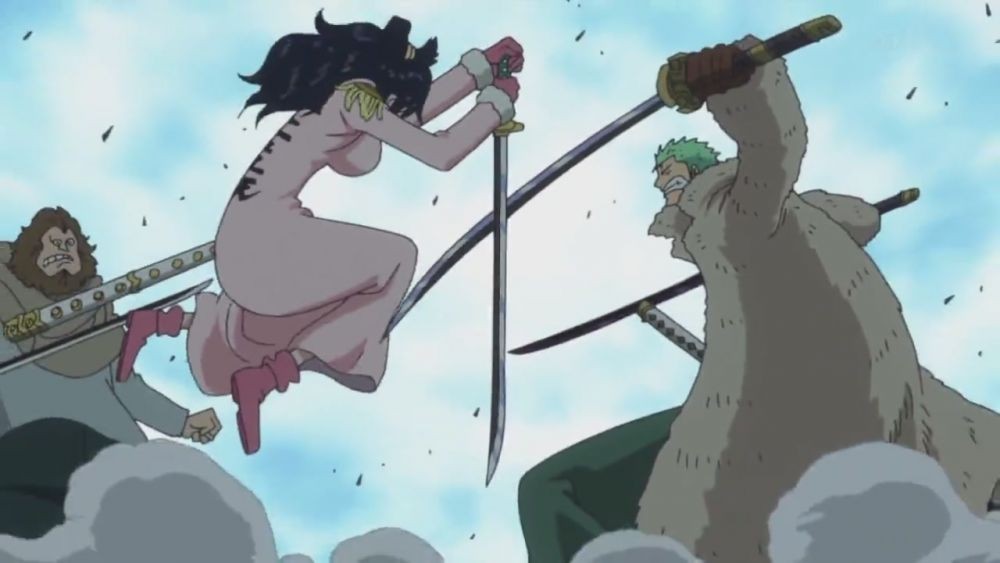 Tashigi dan Zoro dengan senjata Meito mereka. (Dok. Toei Animation/One Piece)