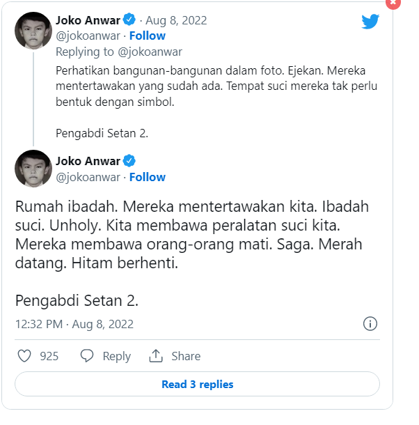 Tweet Joko Anwar soal saga. (twitter.com/jokoanwar)
