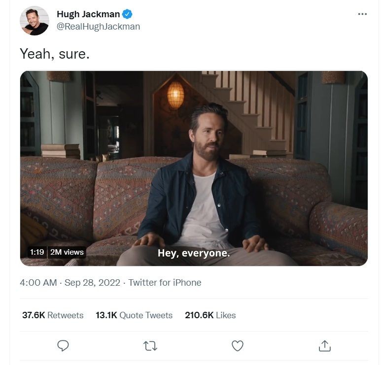 Hugh Jackman mempos video Ryan Reynolds di akunnya. (twitter.com/RealHughJackman)