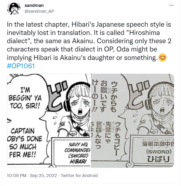 Cuitan sandman_AP tentang dialek Hibari. (twitter.com/sandman_AP)