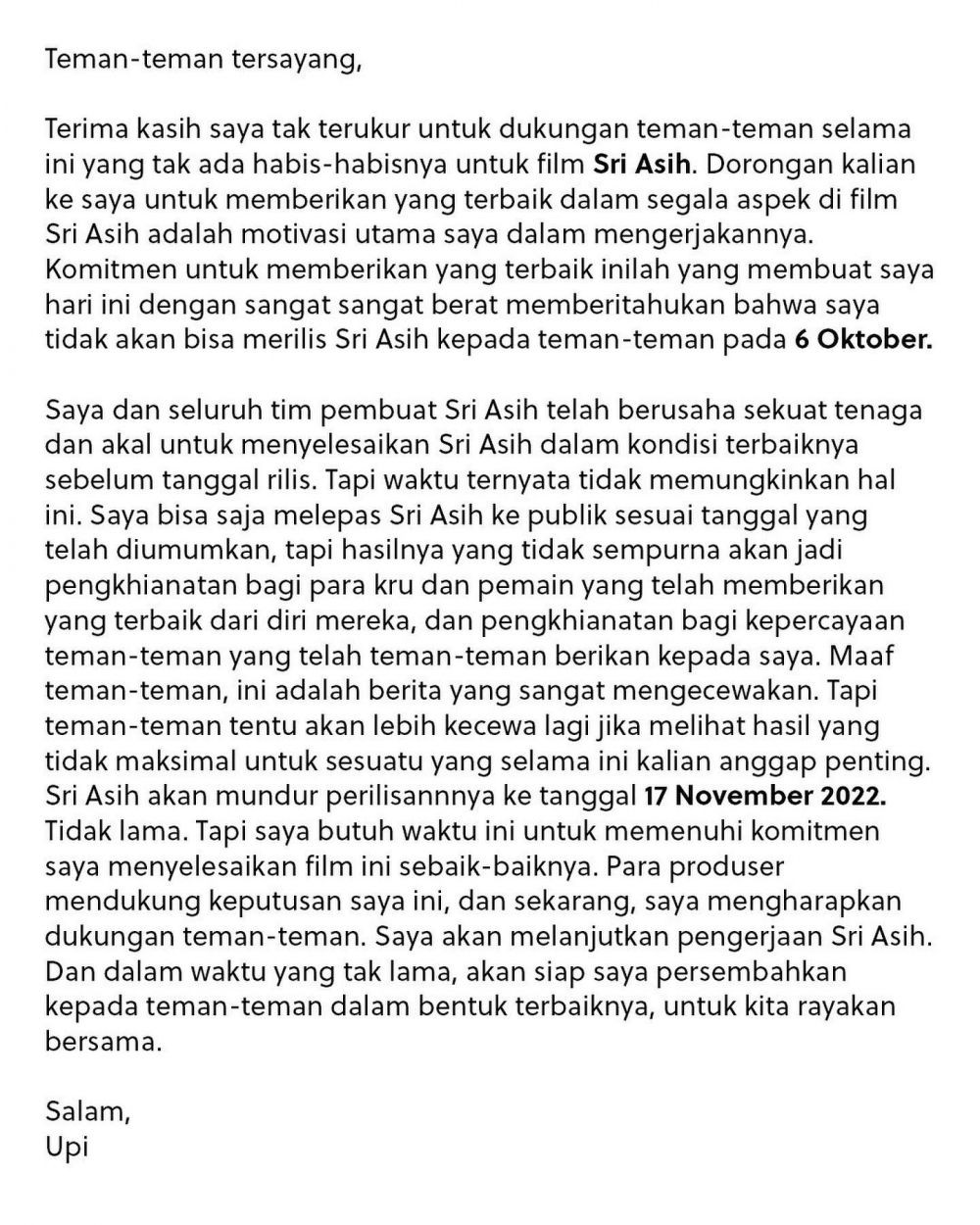 Permohonan maaf dari Upi untuk diundurnya Sri Asih. (facebook.com/bumilangitofficial)