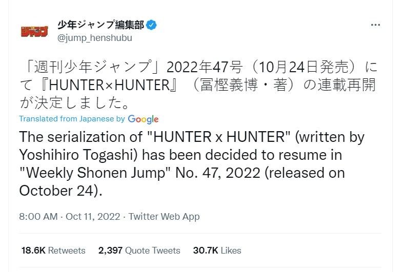 Serialisasi Manga Hunter x Hunter Diumumkan Lanjut 23 Oktober 2022