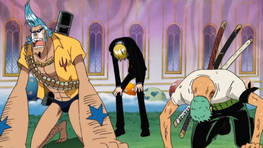 Franky, Sanji, Zoro kena efek Horo Horo no Mi. (Dok. Toei Animation/One Piece)