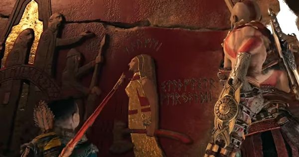 Kratos dan Atreus menemukan relief cerita Laufey - God of War 2018