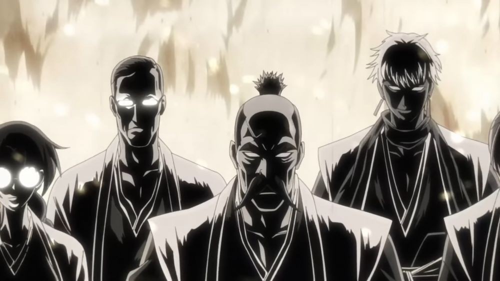 Yamamoto (berkumis) dengan anggota-anggota Gotei 13 orisinal. (Dok. Pierrot/Bleach: Thousand-Year Blood War)