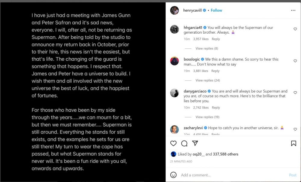 Pernyataan Henry Cavill dalam pos Instagram. (www.instagram.com/henrycavill/)