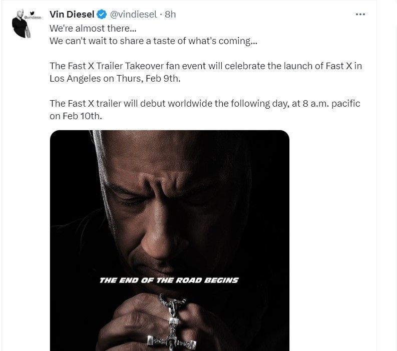 Vin Diesel membagikan poster pertama Fast X di Twitternya. (twitter.com/vindiesel)