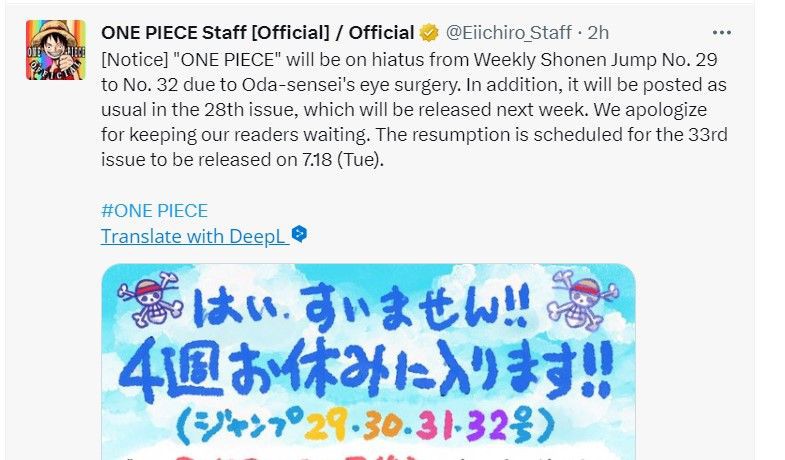 Eiichiro Oda Jalani Operasi Mata, Manga One Piece akan Hiatus 4 Minggu