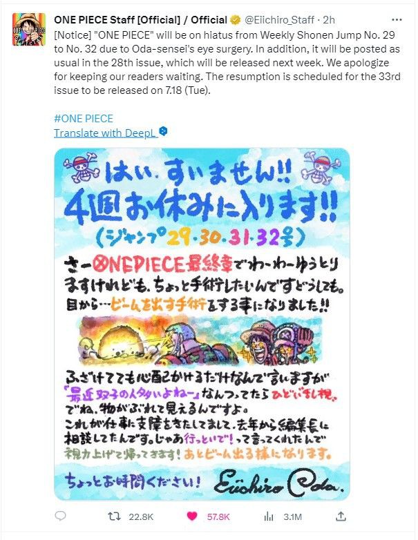 Eiichiro Oda Jalani Operasi Mata, Manga One Piece akan Hiatus 4 Minggu