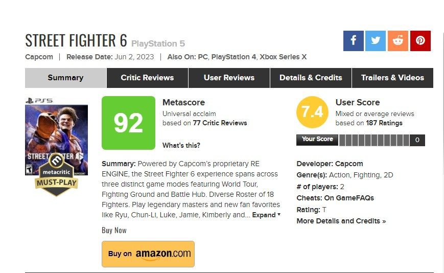 Metascore Street Fighter 6. (metacritic.com)