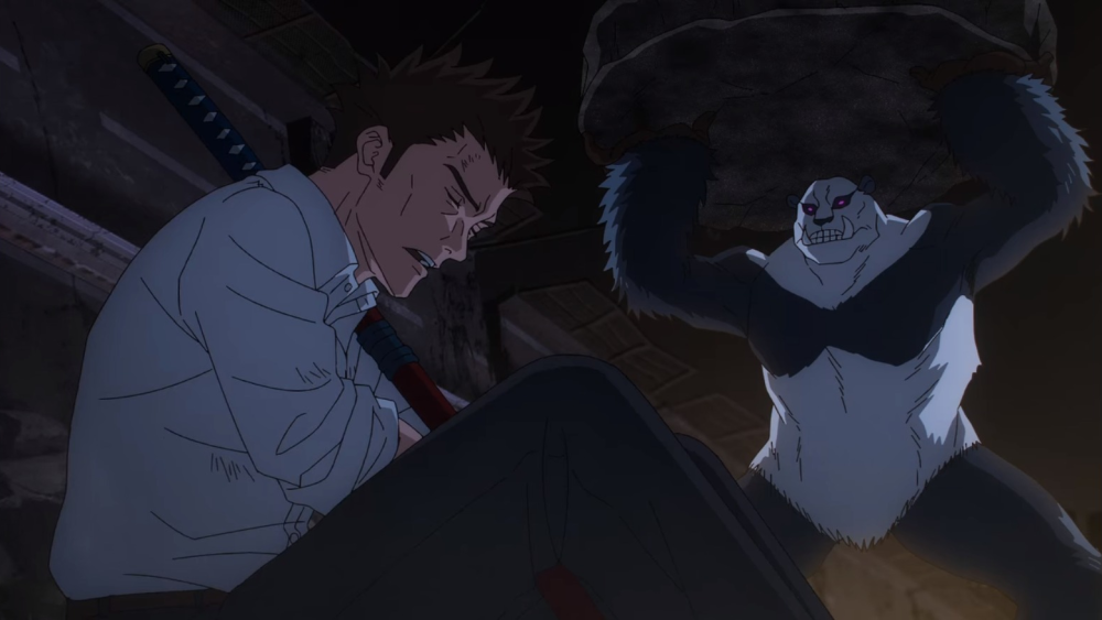 Panda menyelamatkan Kusakabe dari reruntuhan (dok. MAPPA/ Jujutsu Kaisen Season 2)