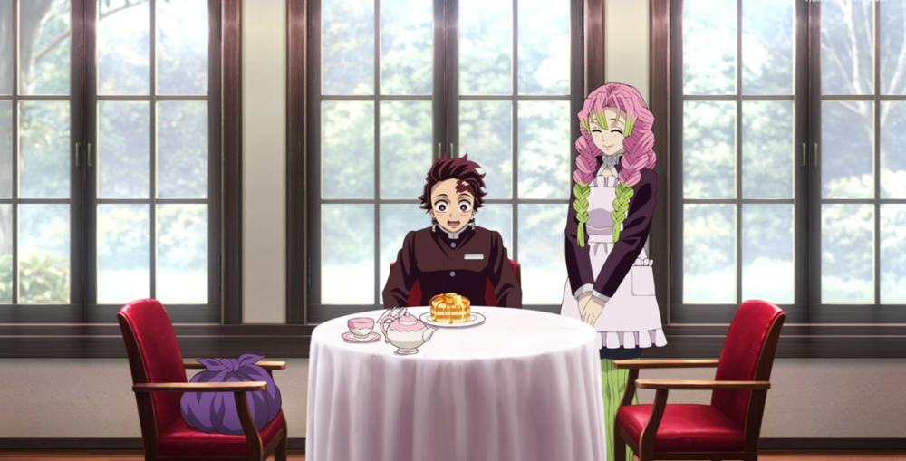 Mitsuri menghidangkan pancake dan teh (dok. Ufotable/ Kimetsu no Yaiba Season 4 Hashira Training Arc)