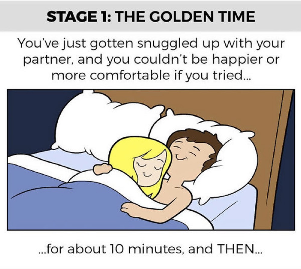 7 Ilustrasi Lucu Suka Duka Tidur Bareng Pasangan Ketika Sudah