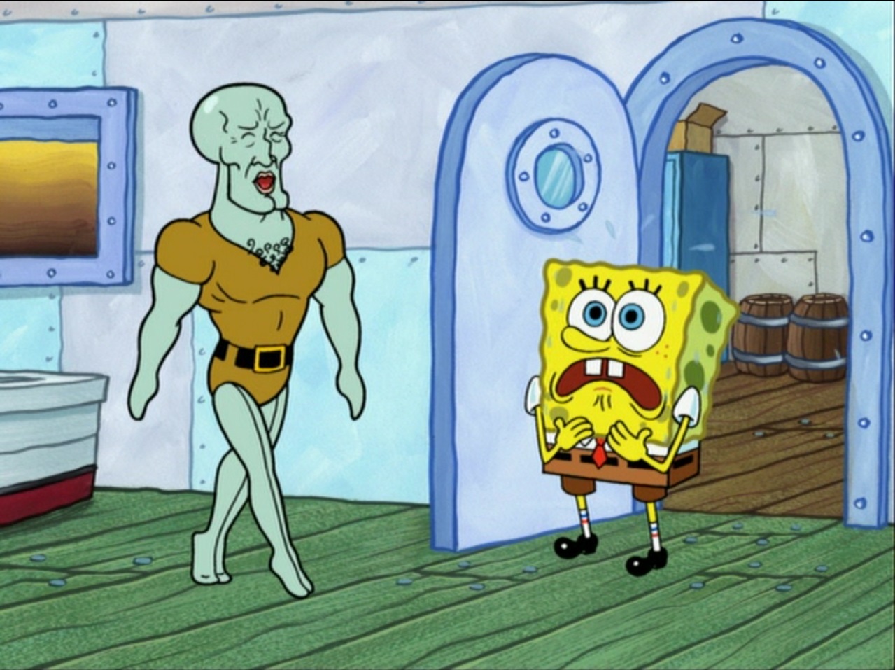 Spongebob menampar Squidward hingga wajahnya menjadi tampan. spongebob.wiki...