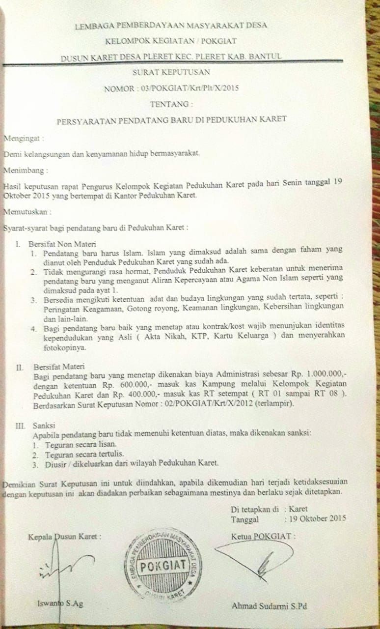 Sebab Musabab Adanya Aturan Melarang Non-muslim Tinggal di Dusun Karet