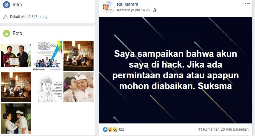 Waspada! Akun Facebook Wali Kota Denpasar Diretas, Minta Uang Baksos