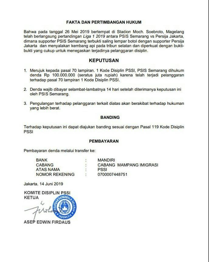 Kena sanksi Rp175 Juta, PSIS Semarang Naikkan Harga Tiket Pertandingan