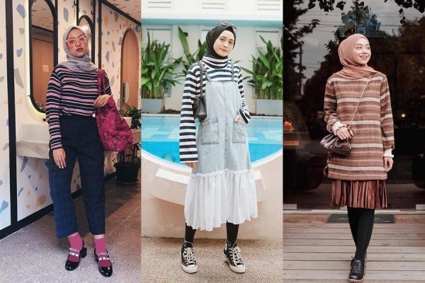 8 Gaya OOTD Hijab Kekinian  dengan Kaus Stripes Kece dan 