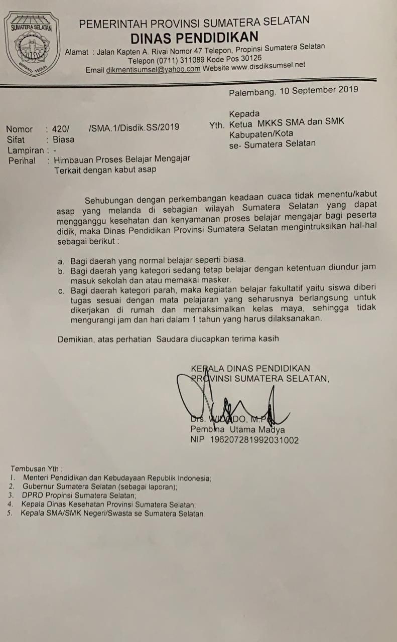 Kabut Asap Menebal, Jadwal Masuk Siswa SMA Palembang Pukul 08.00WIB 