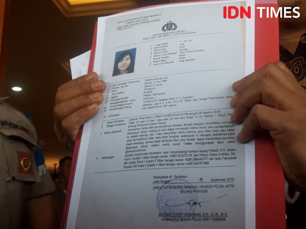 Polda Jatim Serahkan Permohonan Red Notice Veronica Koman ke Interpol