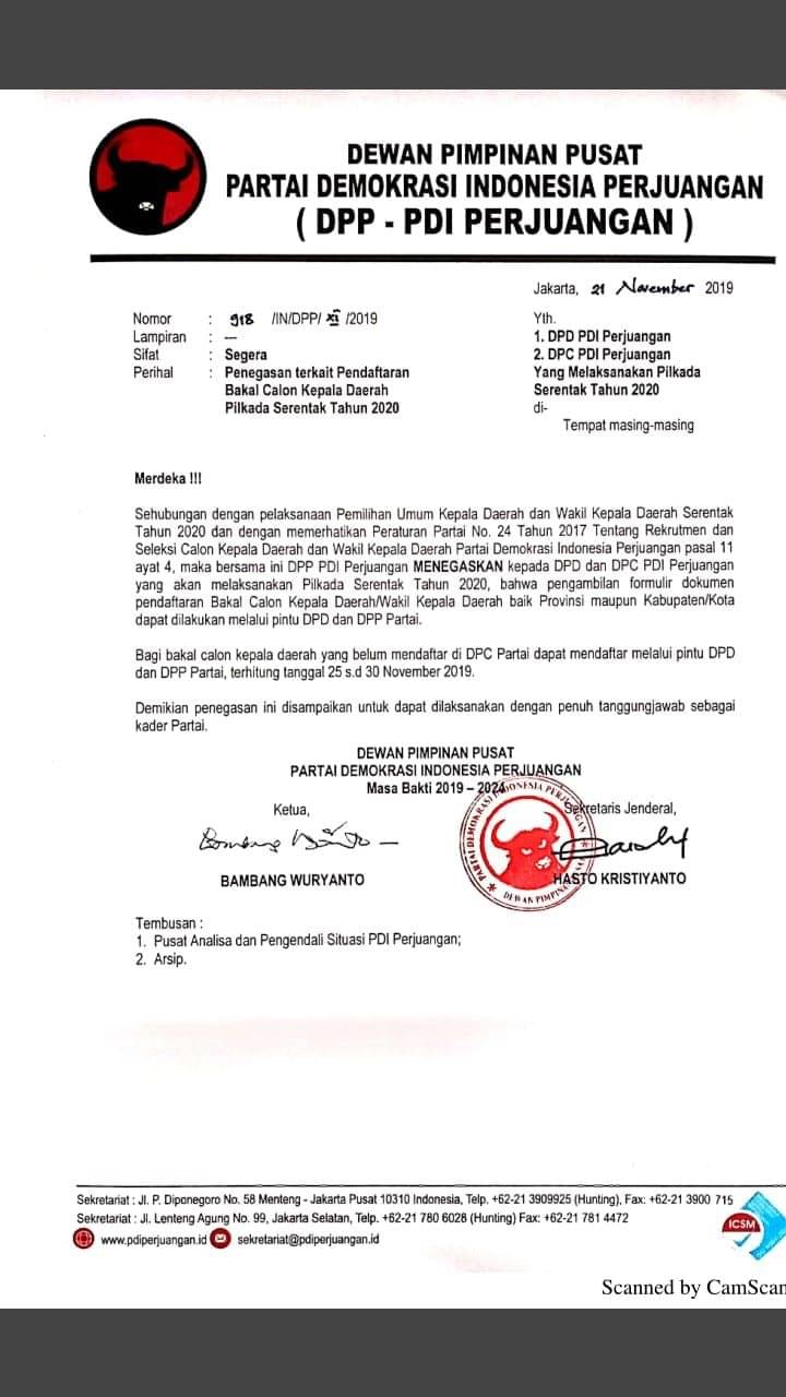 Terbit Surat Dari DPP PDIP Terkait Pendaftaran Calon Kepala Dearah ...