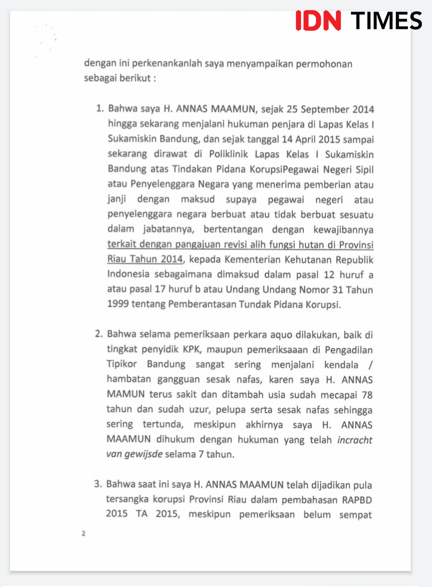 Ini Potongan Isi Surat Grasi Annas Maamun yang Dikirimkan ke Jokowi