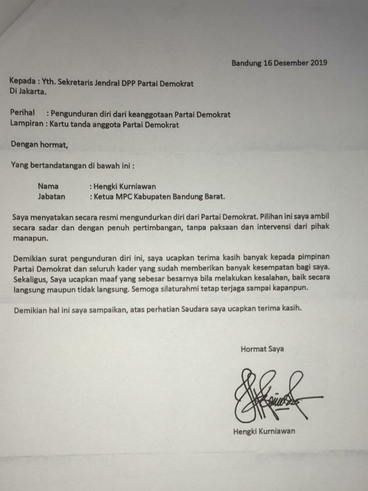 Wakil Bupati KBB Hengky Kurniawan Mengundurkan Diri dari Demokrat
