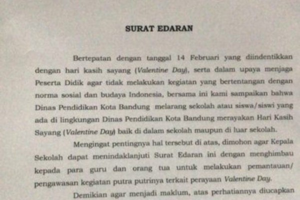Disdik Kota Bandung Larang Siswa SD dan SMP Rayakan Hari Valentine